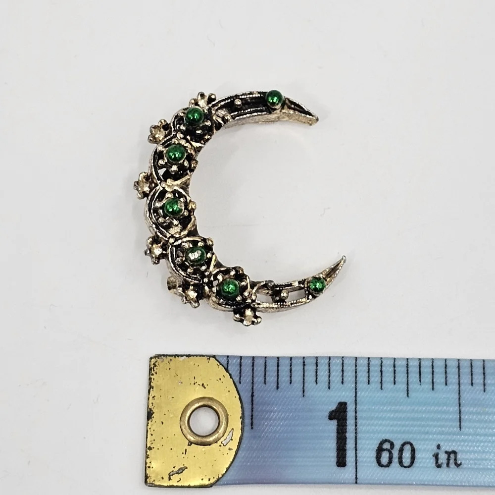 Vintage Signed Gerry Weber Crescent Moon Brooch Pin Gold Tone Green Enamel - Picture 5 of 5